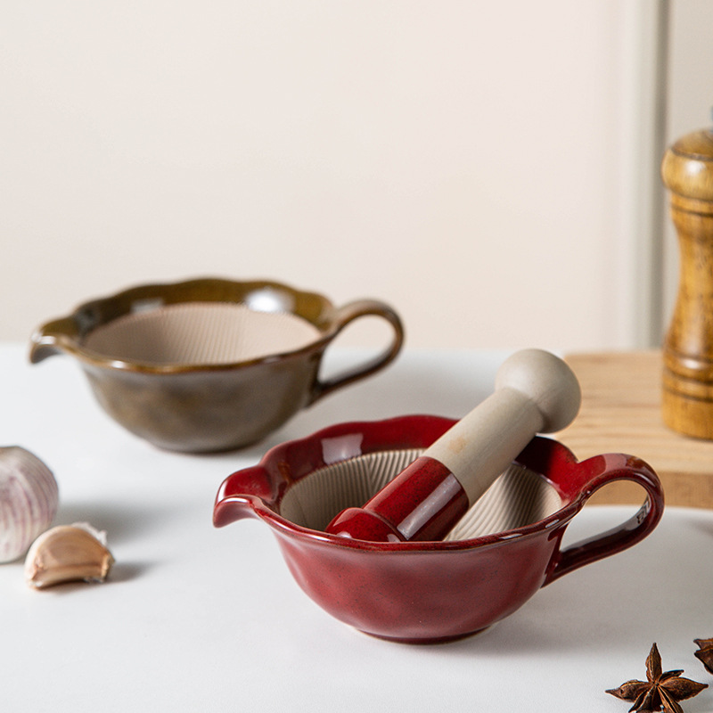Baby Food Grinding Bowl - Mangkuk penggiling glaze-transmisi kreatif dengan pegangan,